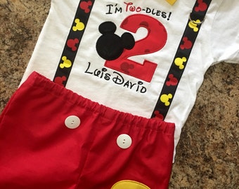 Birthday Mickey Mouse "Im Twodles" Shirt and Shorts outfit with suspenders, bow tie, name, and number on shirt - Mickey and number on shorts