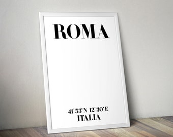 ROMA, Italia coordinates, Rome Poster, Scandinavian design Art, Rome Art, Typographic art 70x100cm, 50x70cm, A4, 24x36"