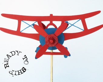 Spinning Biplane Cake Topper *Ready to ship*, Airplane Birthday Decor, Vintage Airplane Birthday Party, Red and Blue Airplane Cake Topper