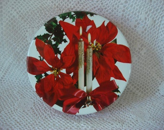 Vintage Christmas Cookie Tin, 1960s Poinsettia & Candle Design, Small Treat Tin, Perfect for Holiday Cookies ~