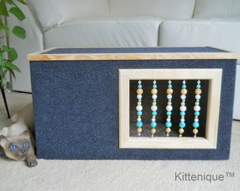 Blue Beaded Cat House - Wooden Cat Furniture - Unique Beaded Doorway and Window with Sterling Silver - Deluxe Carpeted Cat Condo, Cat Cave.