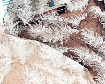 Feather Lace Fabric Black White Feathers Embroidered Lace Wedding Bridal Lace Fabric Dress Gauze Tulle L63 ( 1 yard)