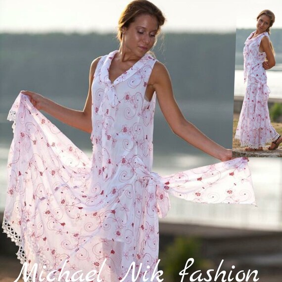 Romantic Chiffon Drop Waist Maxi Dress Lace Details Sun 6103