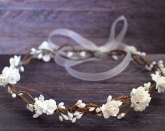 Flower crown wedding - White woodland crown - Bridal floral crown - Rustic flower crown - Flower girl wreath Hair wreath - Flower girl halo