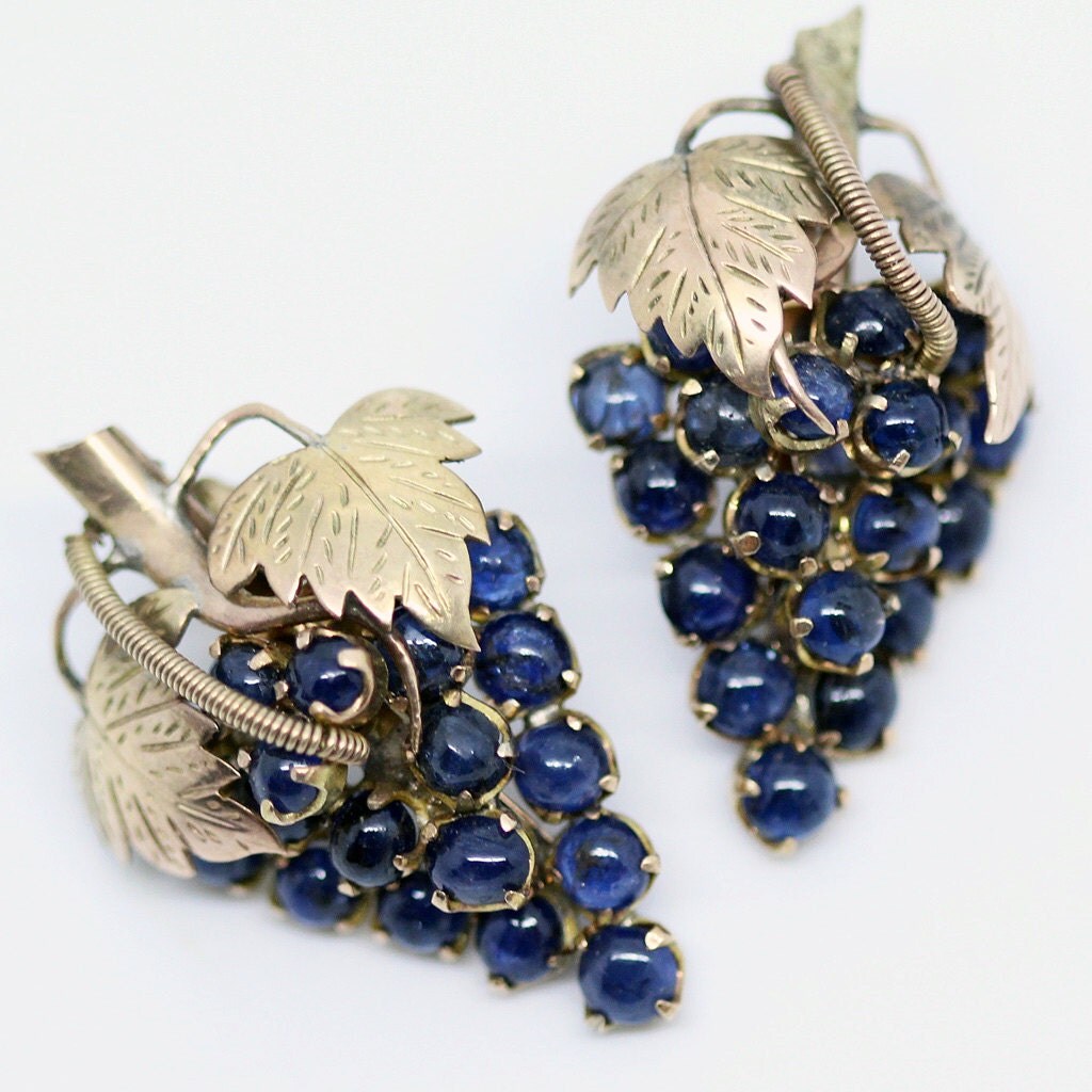 Vintage Earrings 14k Gold Sapphire Grape Ear Pendants Retro