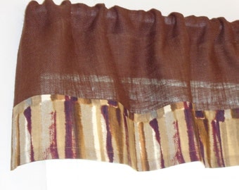 Brown Burlap Jute Curtain Valance with a Brown Print Border, 15" x 52", 2" Rod Pocket, No Header, Kitchen Curtain, Rustic, Country Valance