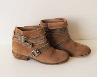 Brown Suede Ankle Boots Criss-cross Strap Womens Western Tan Brown Flat Suede Hippie Boho Festival Boots 36 (EUR) 5-5.5 (US Women)