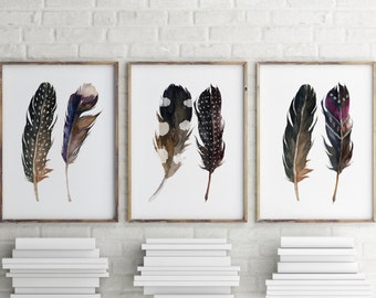 Watercolor art, Boho print, Feather print, Printable art, Aztec tribal art bohemian decor Feather wall art Set of 3 prints Home decor BD-756