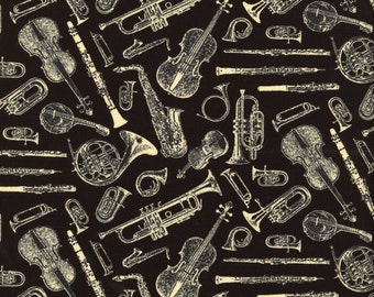 Musical Instrument Music Symphony Suite on Black Cotton Fabric by Blank Quilting Corporation per Fat Quarter FQ
