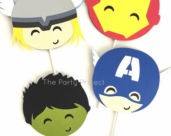 12 Avengers cupcake toppers | Captain America, Thor, Iron Man | Birthday or baby shower decor | Superhero party candy bar | cupcake picks.
