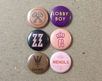 The Grand Budapest Hotel - Wes Anderson 6 - 1 or 1.25 Inch Pinback Button Pin Badge Set