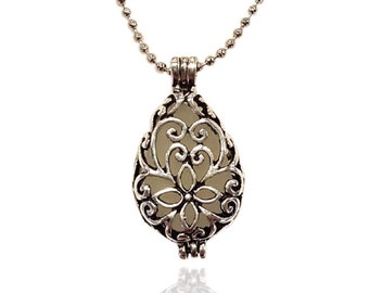 Essential Oil Diffuser Necklace, Aromatherapy Necklace, Small Filigree Teardrop, Silver tone, Locket Pendant w/ Reusable Felt Pads