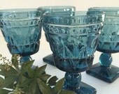 turquoise wine glasses - blue goblets - glass stemware - dotted raised etched glass - boho chic - hanukkah glassware - set of four