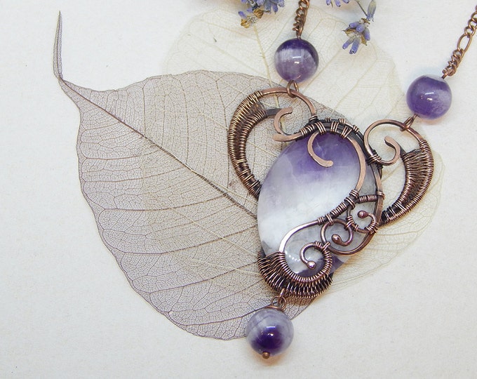 Amethyst pendant, Copper wire wrap, Romantic gift for her Saint Valentine, Boho style, heart-shaped, Natural stone Ooak, Birthstone
