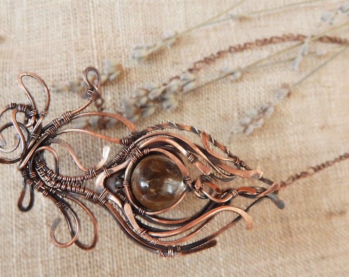 Graceful golden Rutilated Quartz pendant, Elegant necklace, floral style, Copper wire winding, Natural stone necklace, Semi precious jewelry