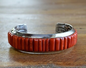Vintage Sterling Silver Coral Inlay Cuff Bracelet