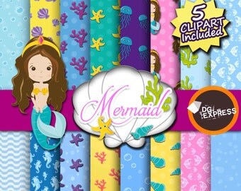 SALE Mermaid Digital Paper -Ocean Clipart, Sea Scrapbook Paper, Ocean Digital, Mermaid Clipart, Nautical Printable, Sea Shells, Starfish