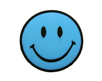 Blue Smiley Happy Smile Face Embroidered Applique Iron on Patch