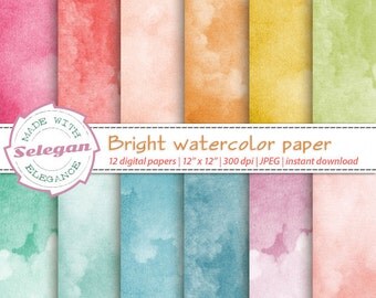watercolour "Bright Watercolor Paper" digital paper scrapbook 12x12 printable pattern texture background download