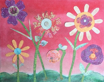 Print of original mixed media collage art whimsical flowers