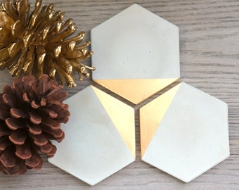 Concrete Hexagon Gold Painted Coasters. Set of 4. Concrete Coasters. Cement Coasters.