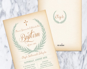 Printable-Baptism-Christening-Dedication-Invitation-Flower wreath-Olive branch wreath-Boy-Vintagefeel-Digital-Brown-Green-Custom-Personalize