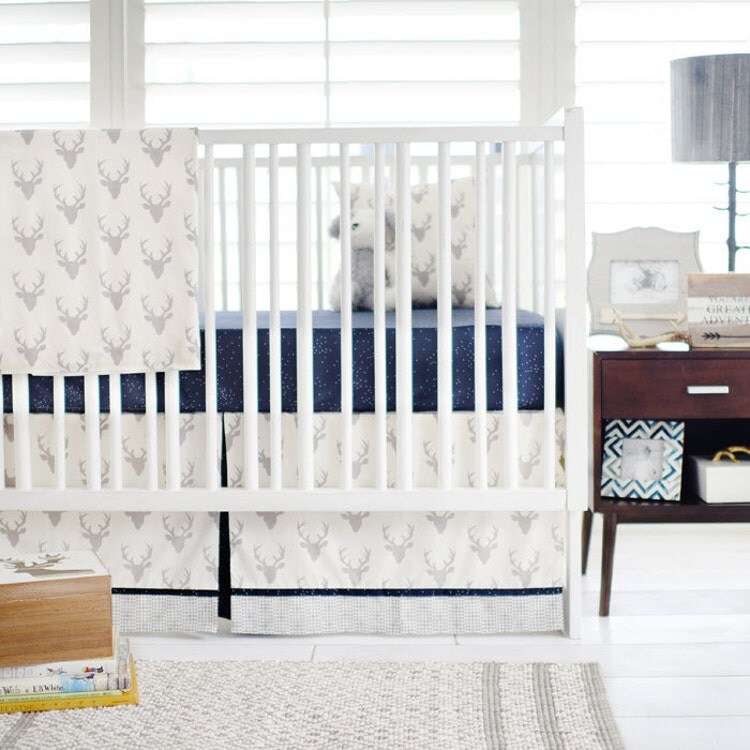 Silver and Navy Deer Head Woodland Crib by ThreeWishesBeddingCo