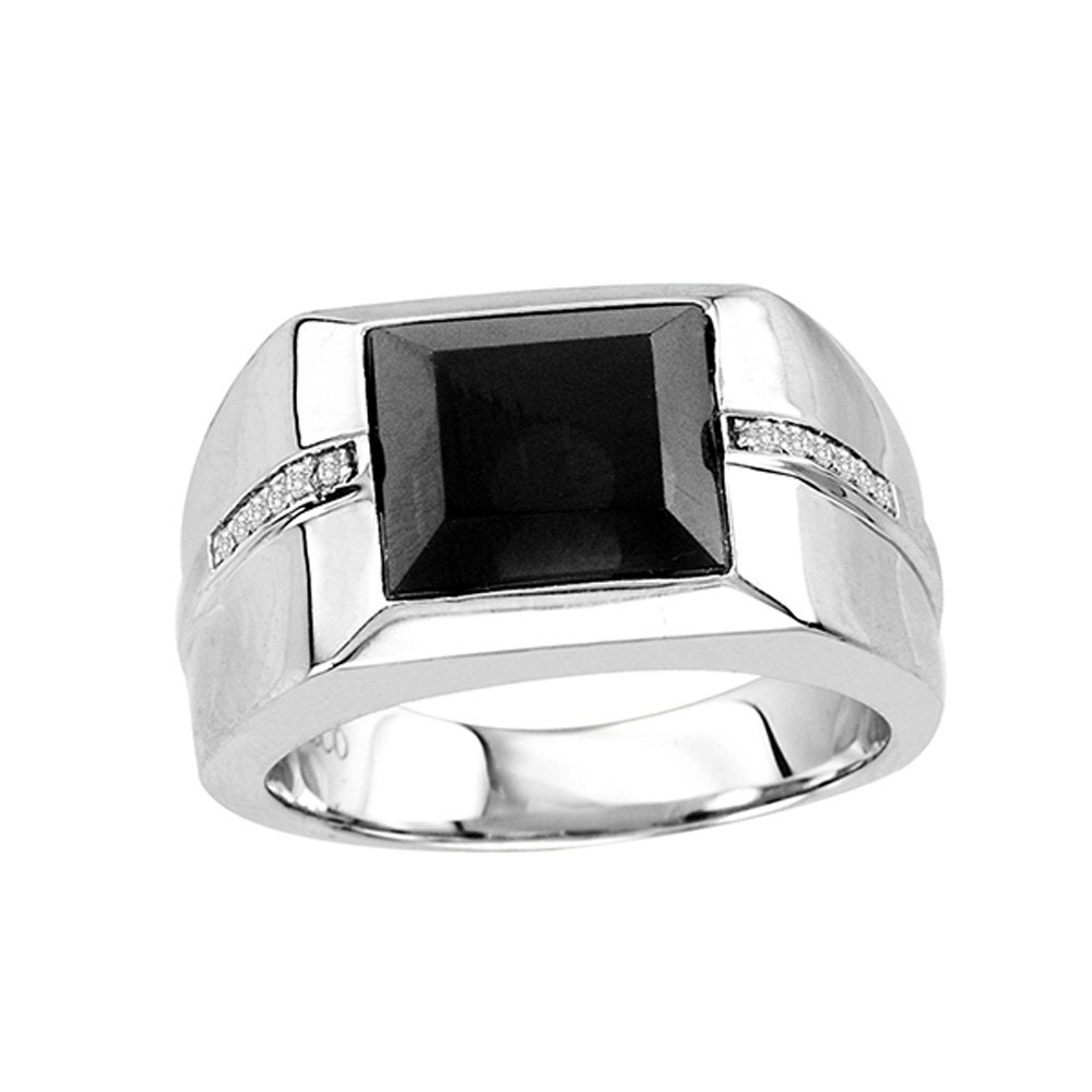 Men's Onyx Ring In Sterling Silver with Genuine Diamonds