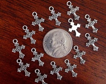 25 Silver Cross Charms, Antique Silver Charms, Tiny Cross Charms, Small Cross Charms, Tiny Charms, Jewelry and Craft Supplies, Findings