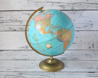 Vintage Cram's Imperial World Globe Blue Color & Brass Color Metal Base George Cram 12" Earth Tabletop Rotating Russia Map
