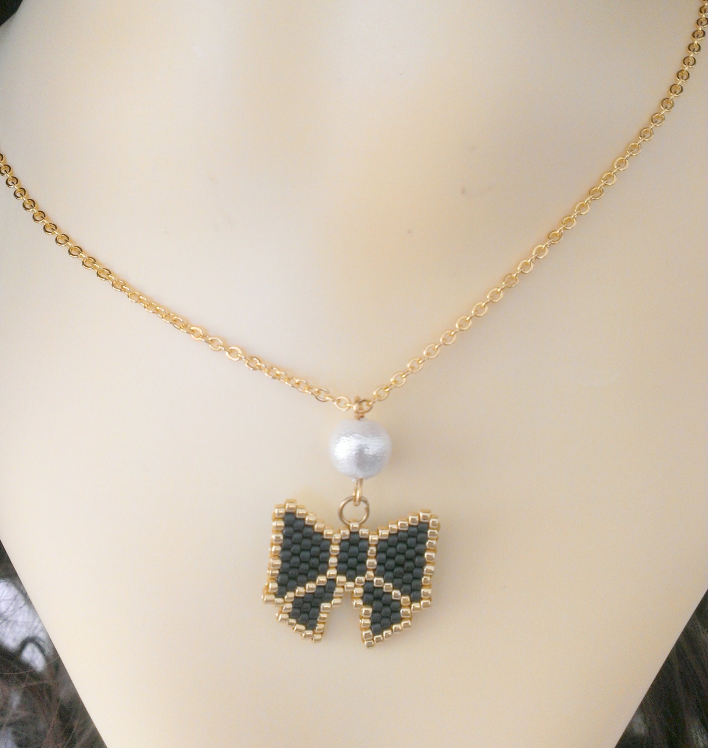 Beaded bow necklace with cotton pearl black bow necklace
