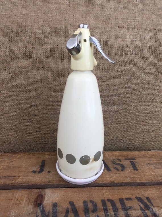 Vintage Soda Stream Bottle with Stand // Cream and Brown Retro Barware // Soda Syphon by Sparklets // 1960s 1970s Barware
