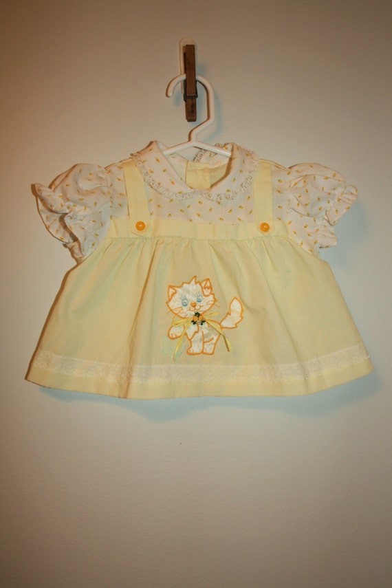 3-6 month, Vintage Baby Clothes, Precious Little Girl's Yellow Short Dress with Mock Pinafore and Kitten Design