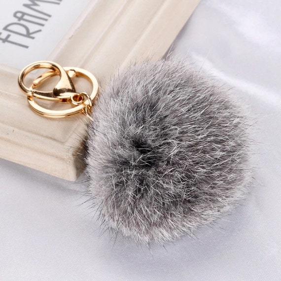 pom gray keychain pom fur handbag rabbit Gray pom ball pom charm charm, key keychain car