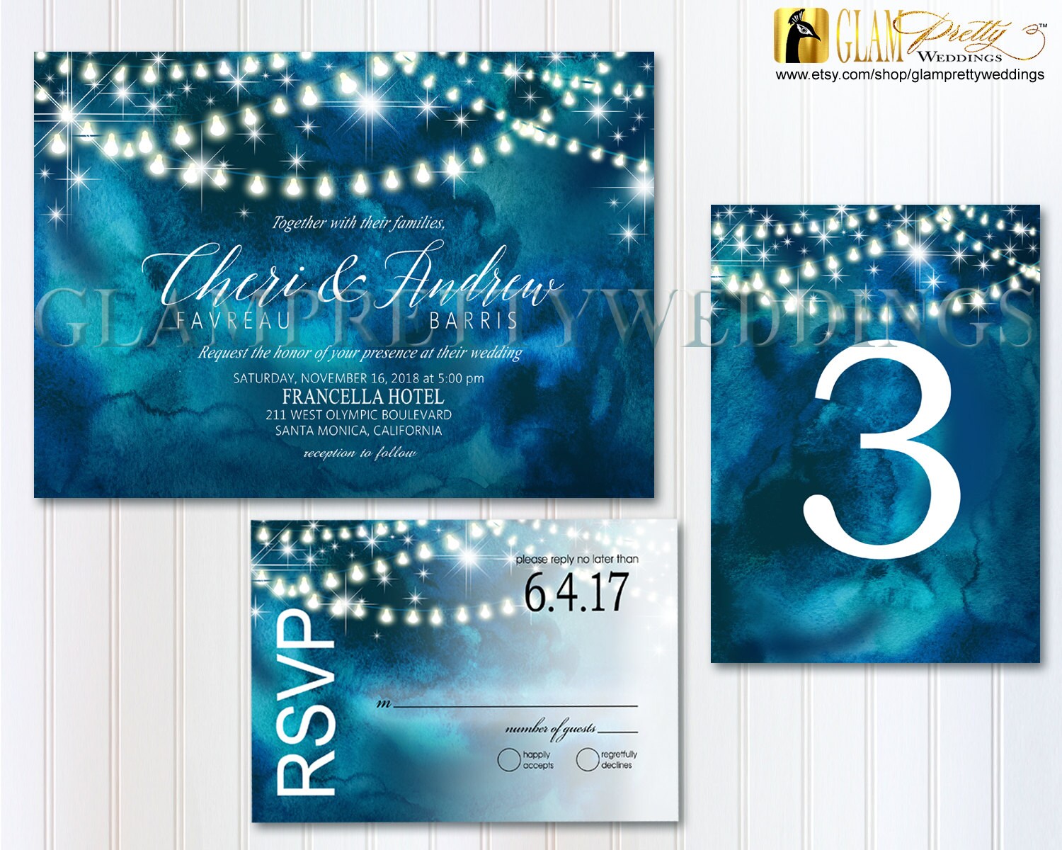 Watercolor String Lights Wedding Invitation RSVP card Table