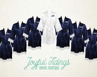 FREE ROBE Set of 7+ Navy Blue Lace Satin Robes, Bridesmaid’s Gift, Lace Trim, Bridal Party Robes, Bridesmaid Robe, Wedding Robe, Bridal Robe