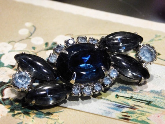 Mid Century Rhinestone Brooch 1950s Old Hollywood Vintage Sapphire Blue Glass Rhinestone Brooch Wedding Bride Bridal Jewelry