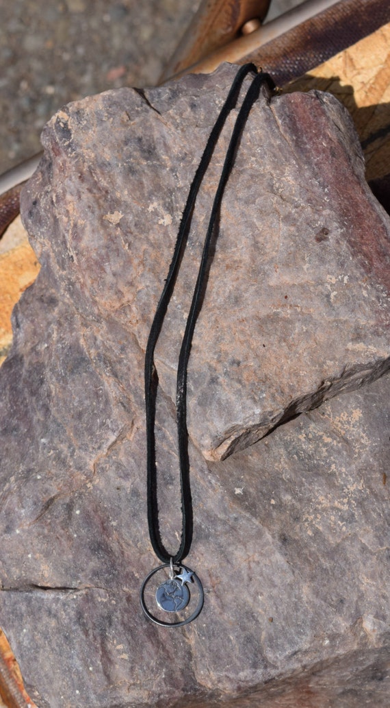 Black Leather and Silver Earth Necklace. 925 Silver. Item 154.