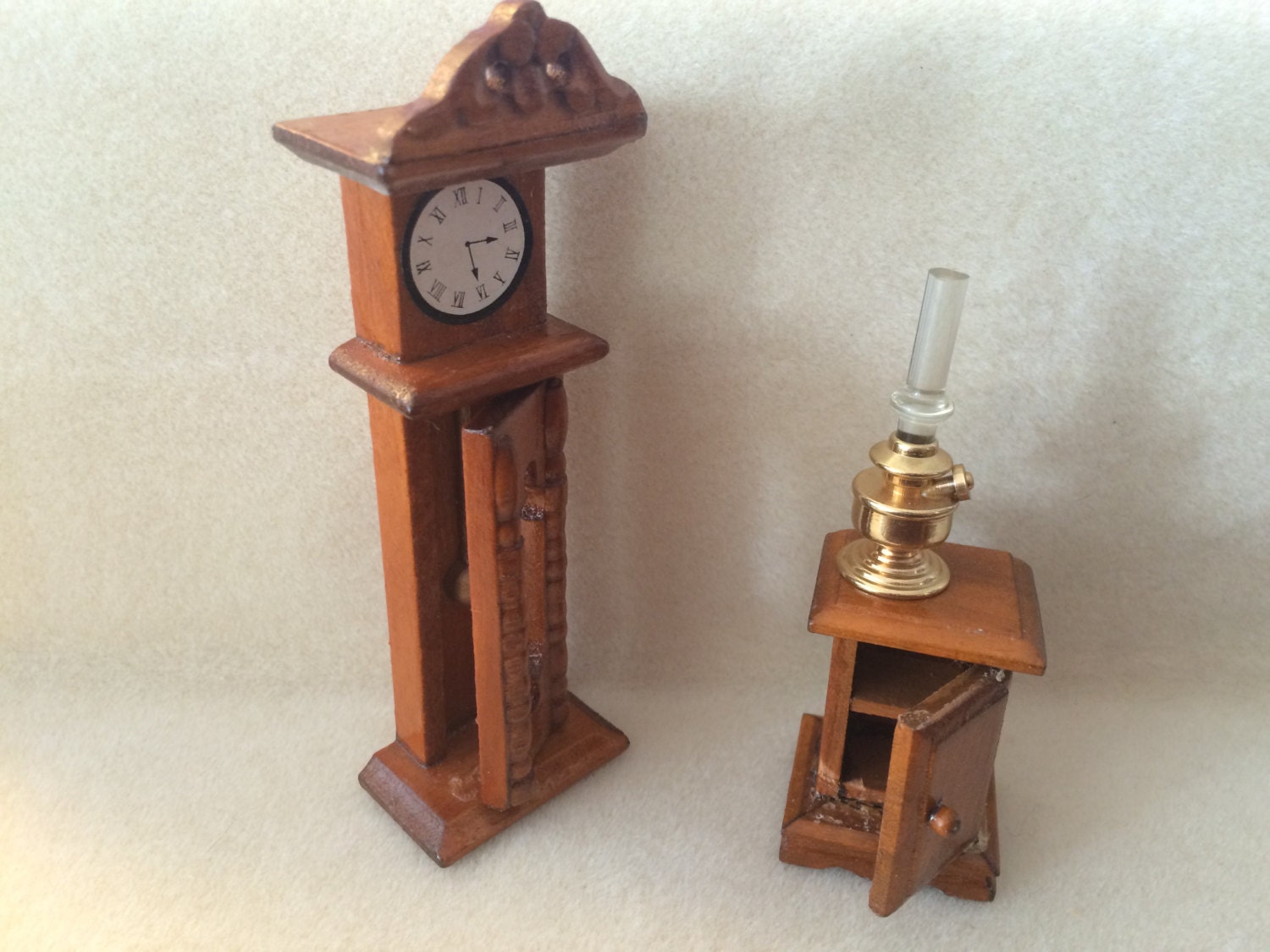 Vintage Miniature Wooden Grandfather clock & side table. Haute Juice