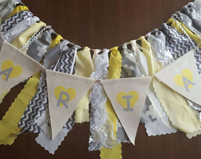 Banner Yellow and Grey with Charcoal gray Girl Boy Neutral nursery or Baby Shower Banner decoration Bunting flag name