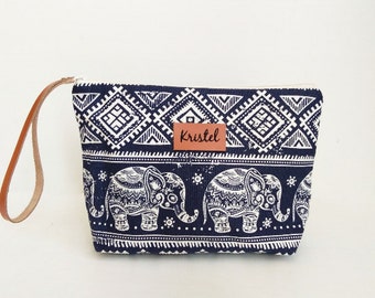 Makeup Bags elephant blue canvas,Monogram ,gift for her, women,teen,Cosmetic Bags,pencil bag,pencil case,zipper pouch,Back to School