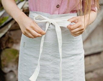 Stone washed linen half apron. 11 colours. Grey linen cafe apron. Womens aprons. Natural oatmeal linen apron. Warm grey, beige. Skirt apron.