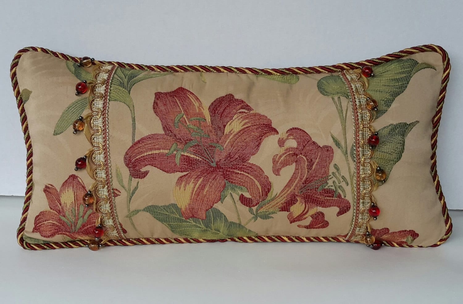 Beige Red Tropical Floral Pillow Designer Lumbar Pillow
