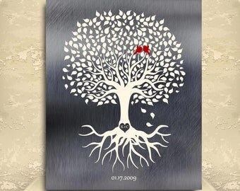 Personalized Tin Anniversary Gift Minimalist Family Tree Faux Tin Background 10 Year Wedding Tree Custom Paper Canvas Metal Art Print #1210