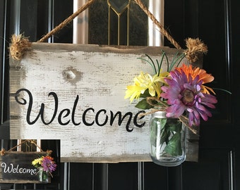 Mason jar decor, Mason jar welcome sign, Welcome door sign, Front door rustic welcome sign, Rustic porch decor, Door hanging welcome sign