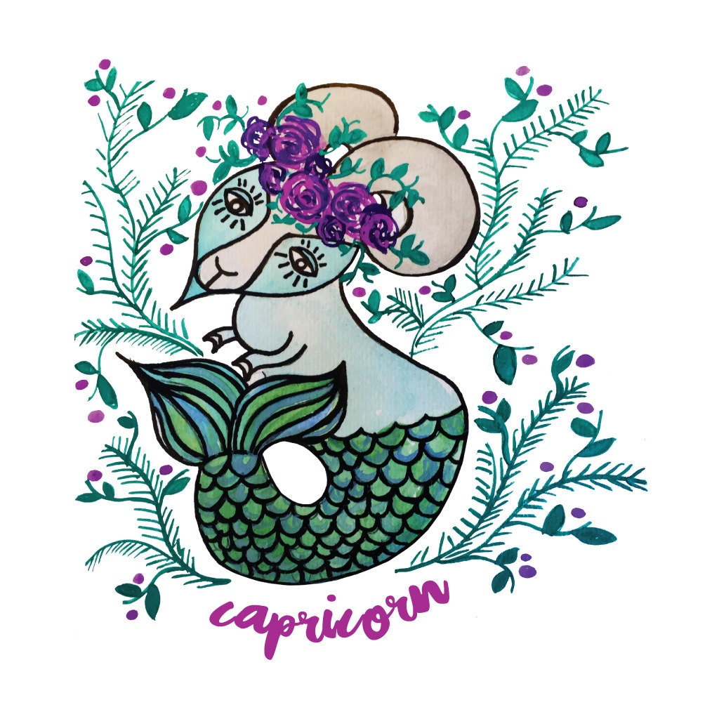 Sea Goat Art Print with or without zodiac name Capricorn