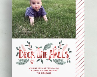 deck the halls holiday card // custom photo card // hand painted watercolor holly leaves christmas card // hand lettering // printable