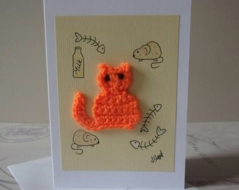 Ginger Cat Card, Cat Lover gift, Greetings Card, crazy cat lady, Crochet Card, Birthday Card Halloween card, Handmade Watercolour Blank Card