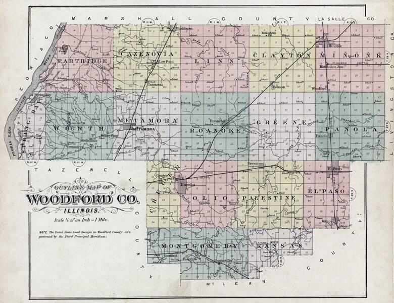 1893 Map of Woodford County Illinois Metamora