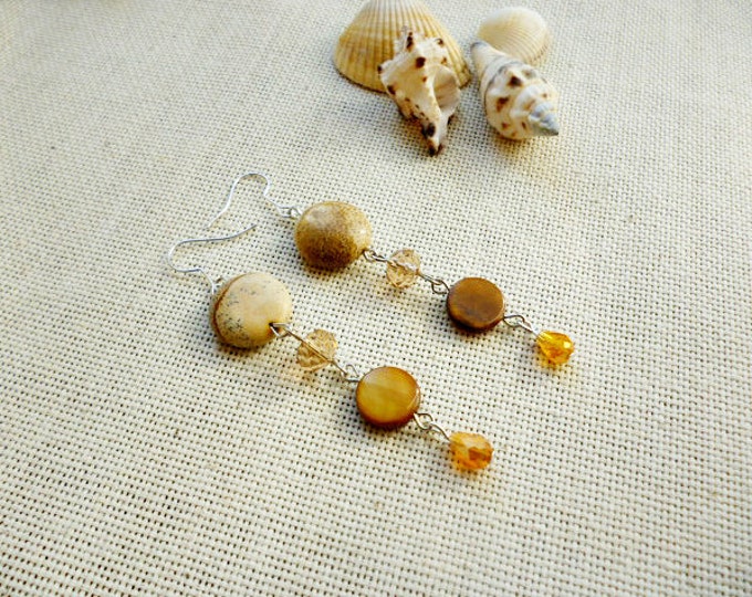 Amber Brown Earrings Beaded Earrings Jasper pearl crystal earrings Classic earrings Long casual Dangle earring Minimalism Gift for her